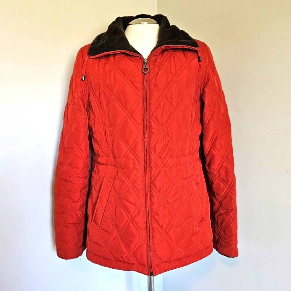 Red WEATHERPROOF Quilted Coat with Brown Fur Lining